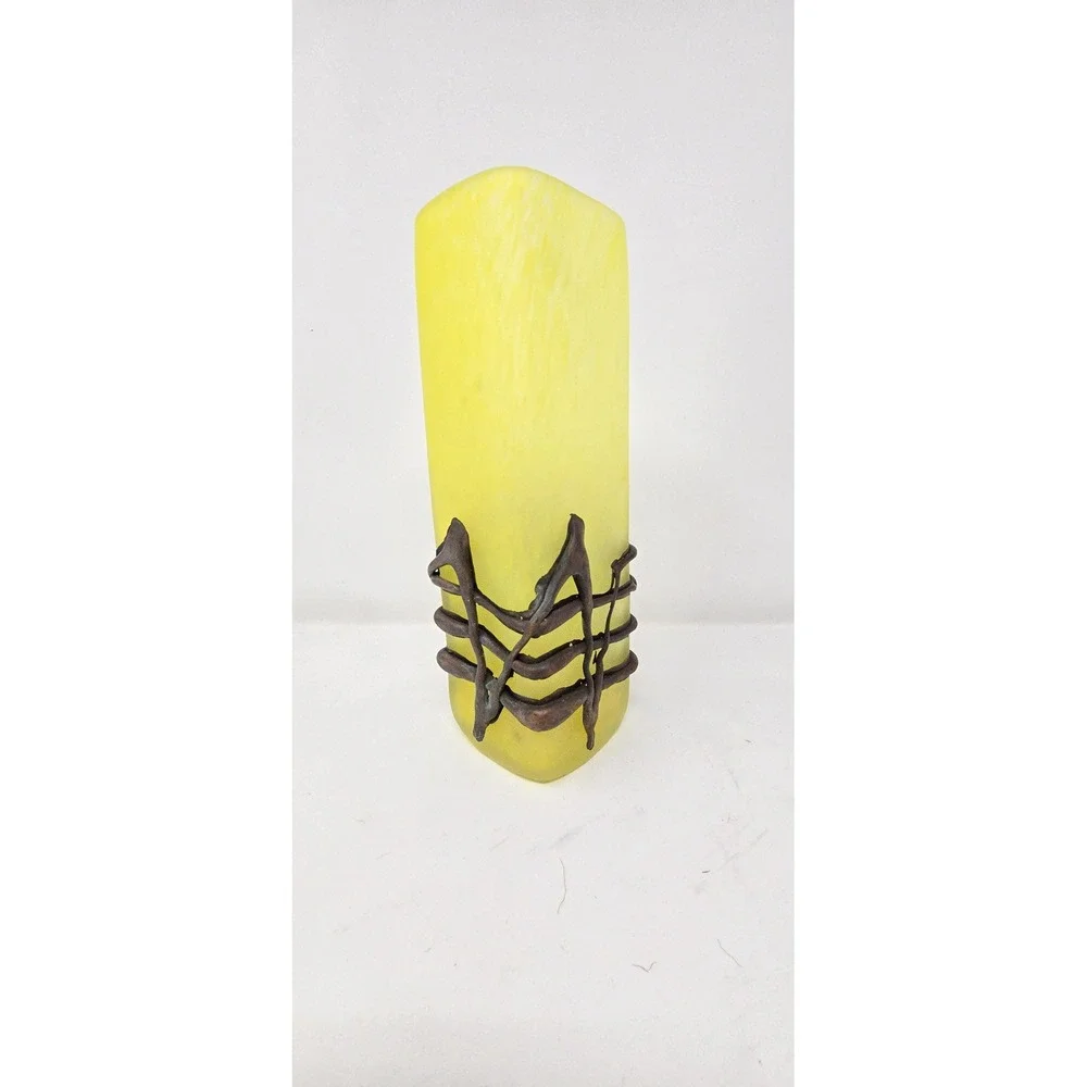 Vtg Germany romblast vase frosted yellow glass w/bronze metal art art‎ nouveau